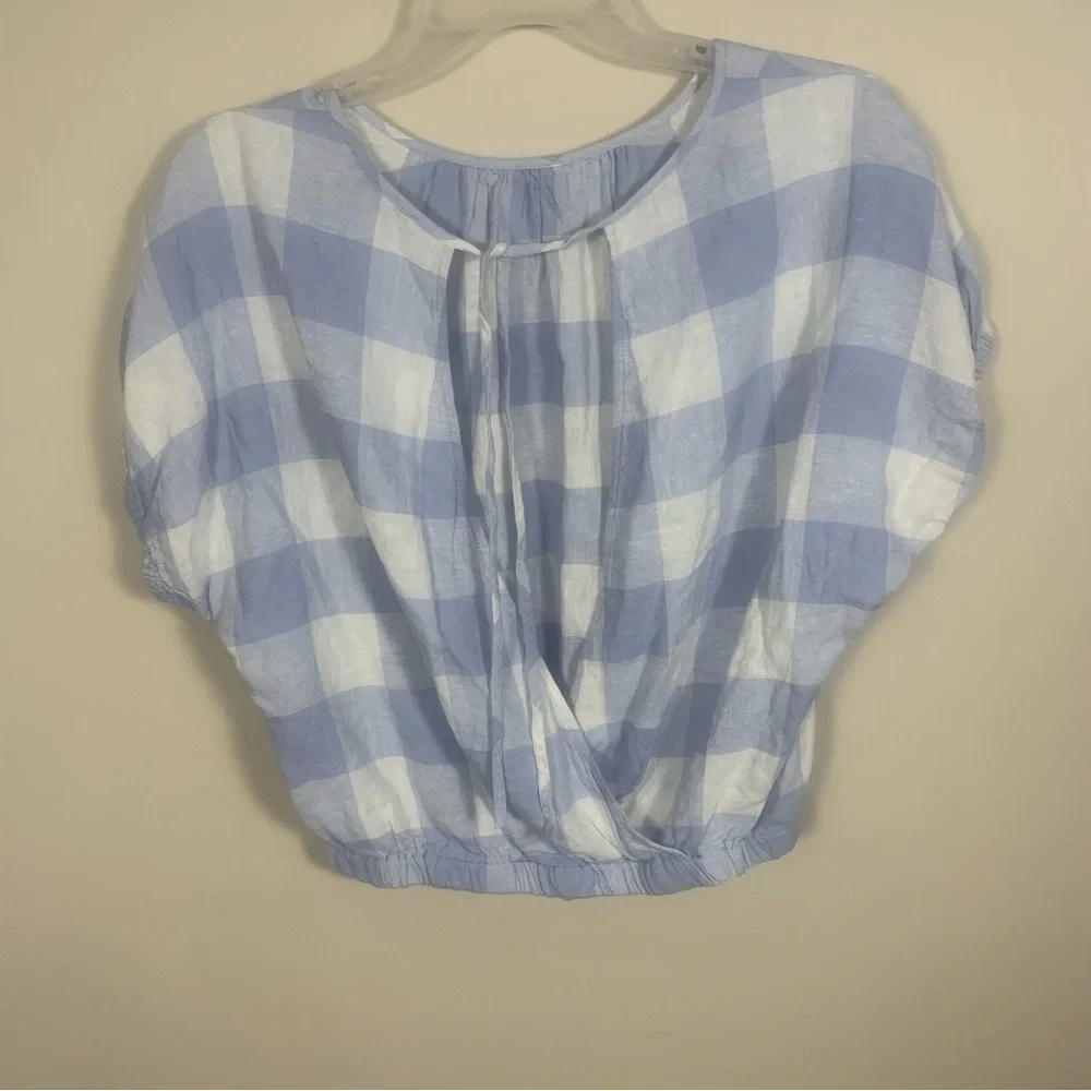 Madewell Linen Blend Split Back Tie Gingham Check Blouse - Picture 9 of 14